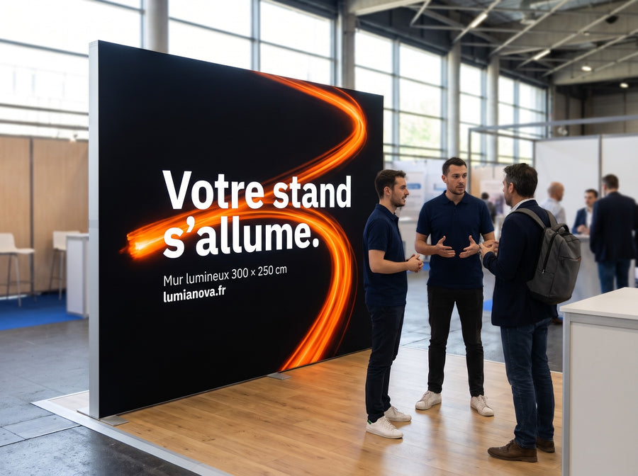 Mur lumineux de 300 x 250 cm sur un stand de salon, image générée par IA