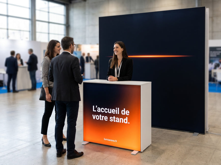 Comptoir lumineux et hôtesse d'accueil sur un stand de salon, image générée par IA