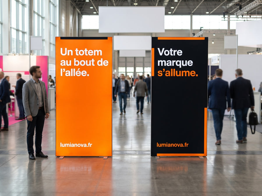 Deux totems lumineux dans l'allée d'un salon, image générée par IA
