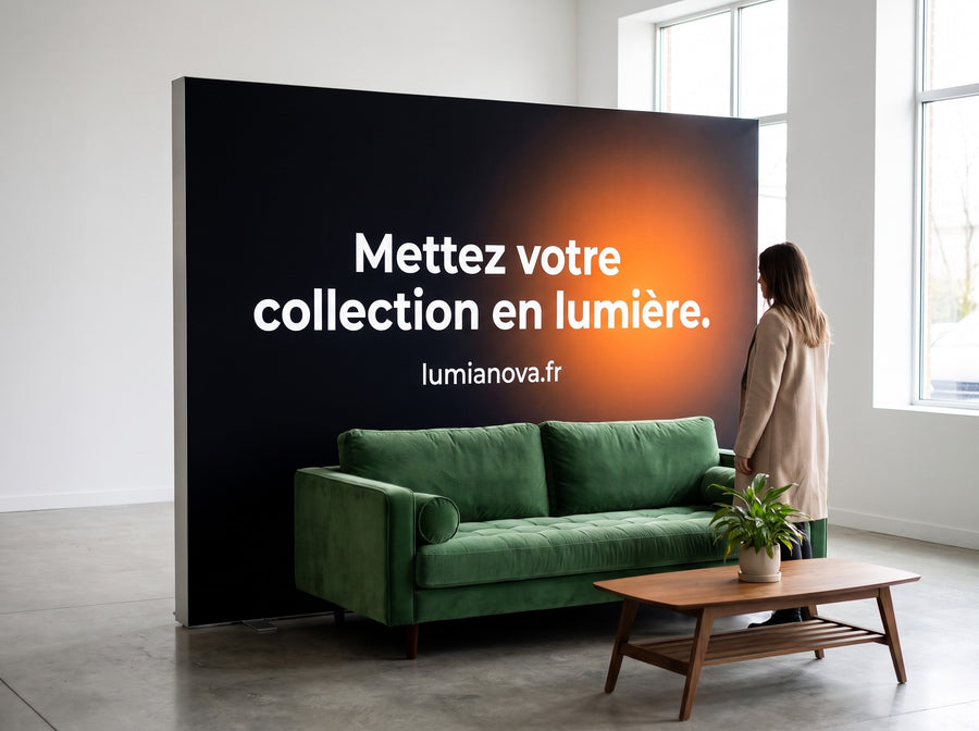 Mur lumineux autoportant devant un canapé dans un showroom, image générée par IA