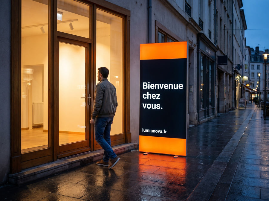 Totem lumineux à l'entrée d'une boutique au crépuscule, image générée par IA