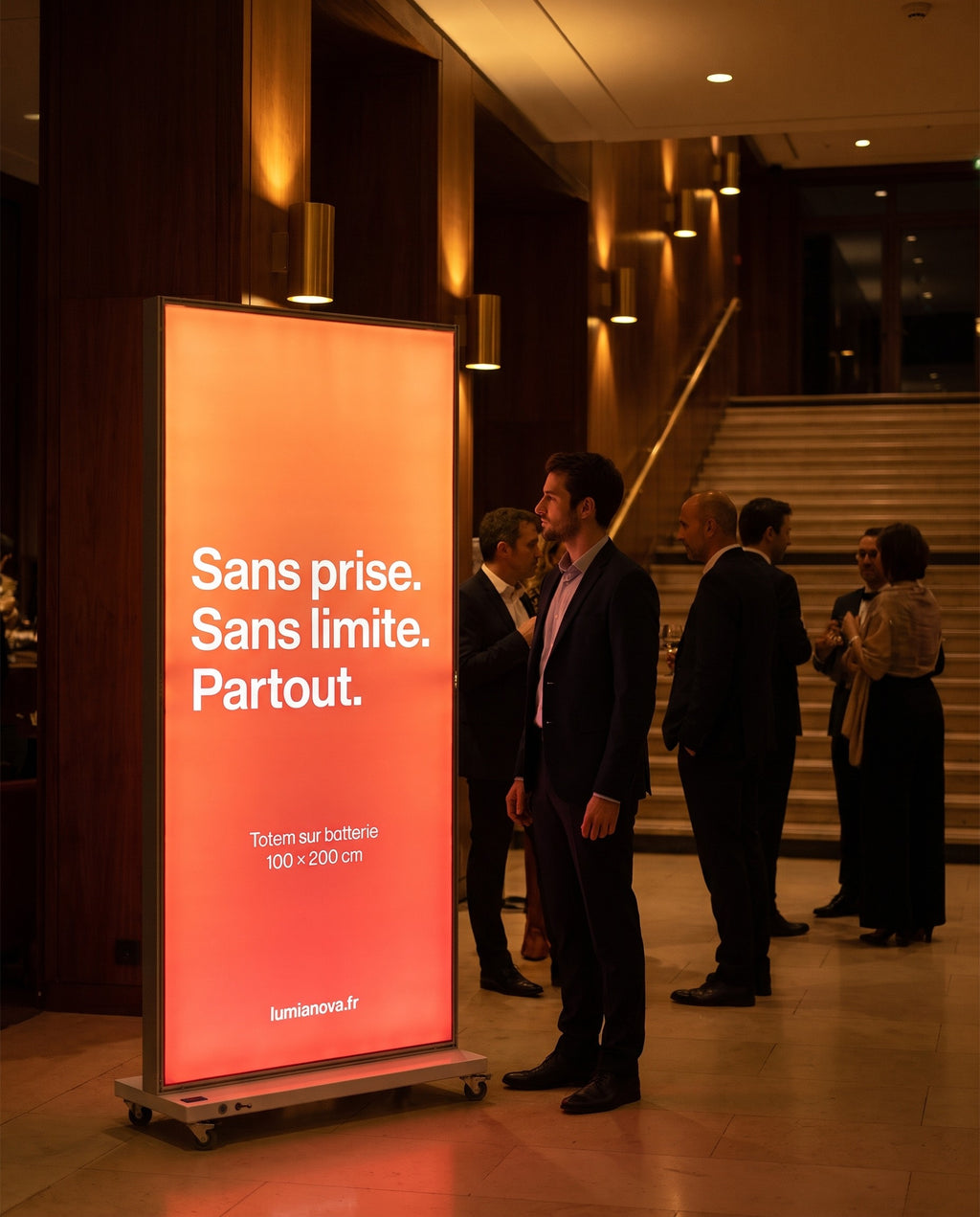 Totem lumineux Quick Battery sans câble dans le foyer d'un théâtre, image générée par IA