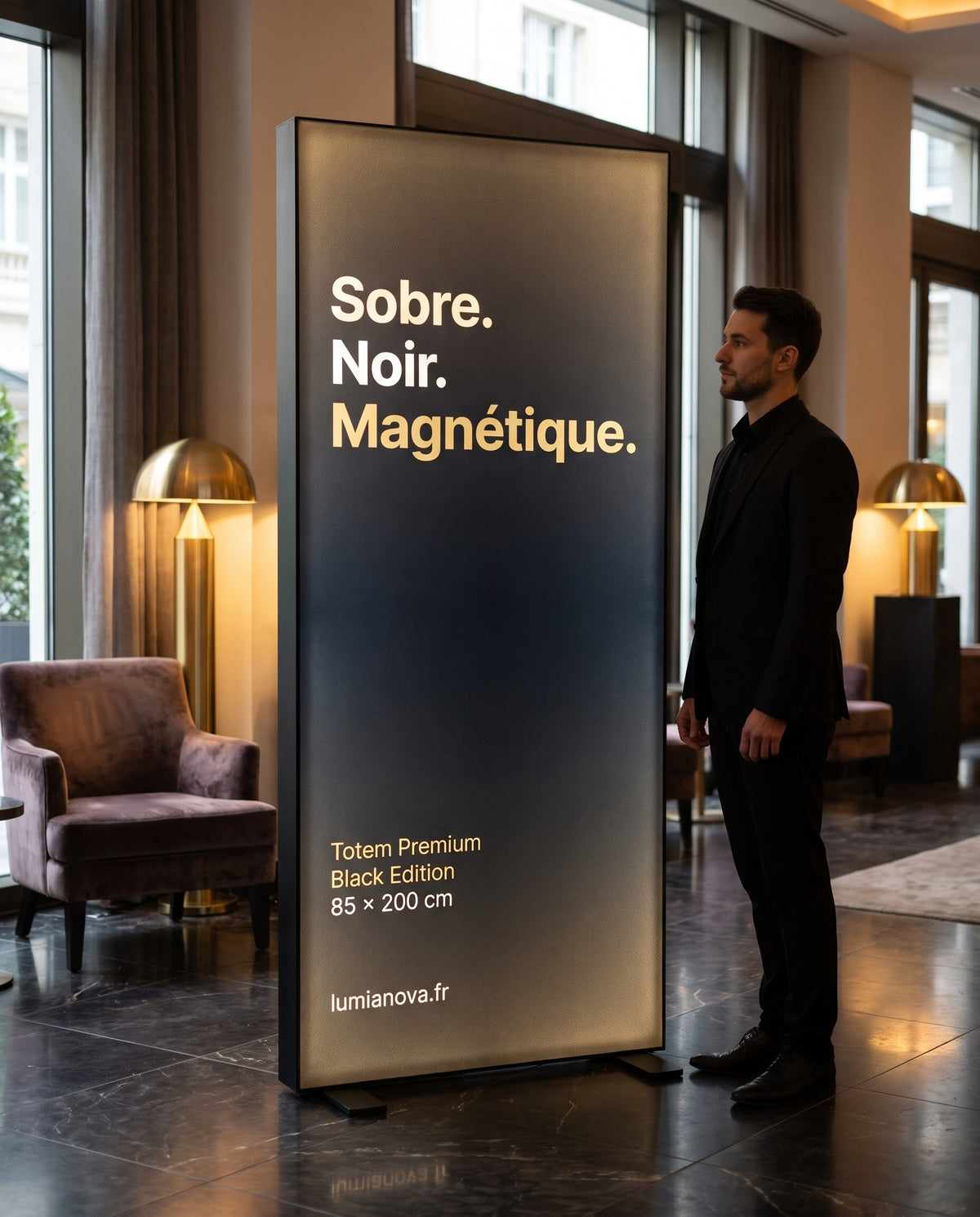 Totem lumineux Premium Black Edition à cadre noir dans le hall d'un hôtel, image générée par IA