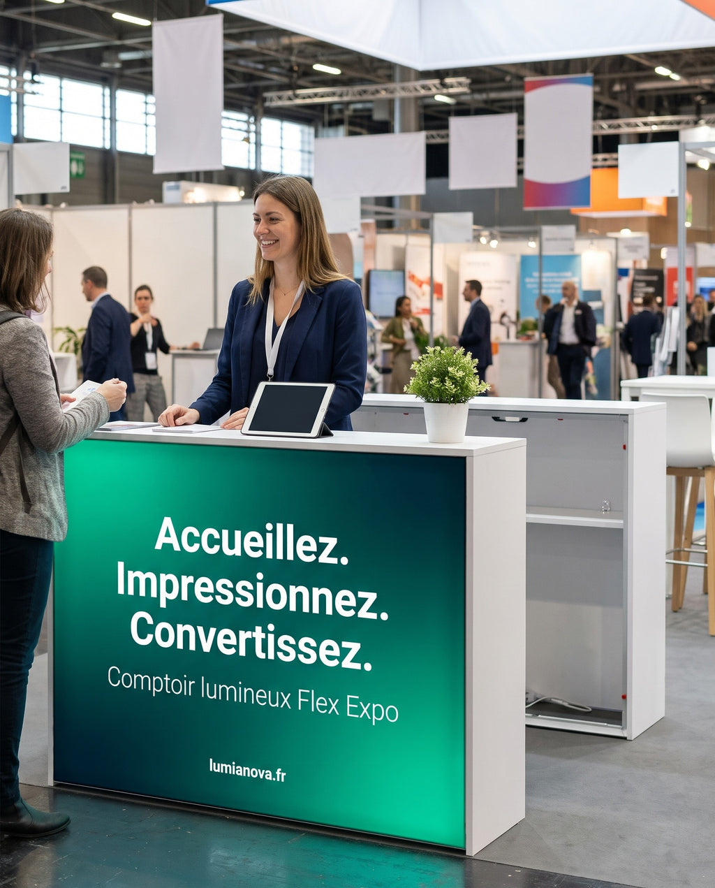 Comptoir lumineux Flex Expo sur un salon professionnel, image générée par IA