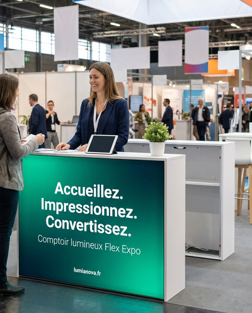 Comptoir lumineux Flex Expo sur un salon professionnel, image générée par IA