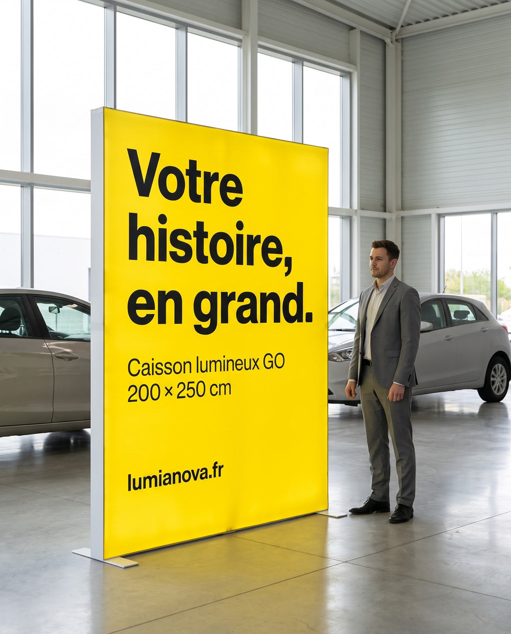 Caisson lumineux GO imprimé dans une concession automobile, image générée par IA