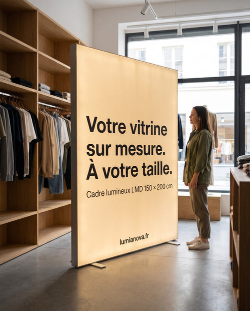 Mur lumineux autoportant sur mesure dans un concept store, image générée par IA