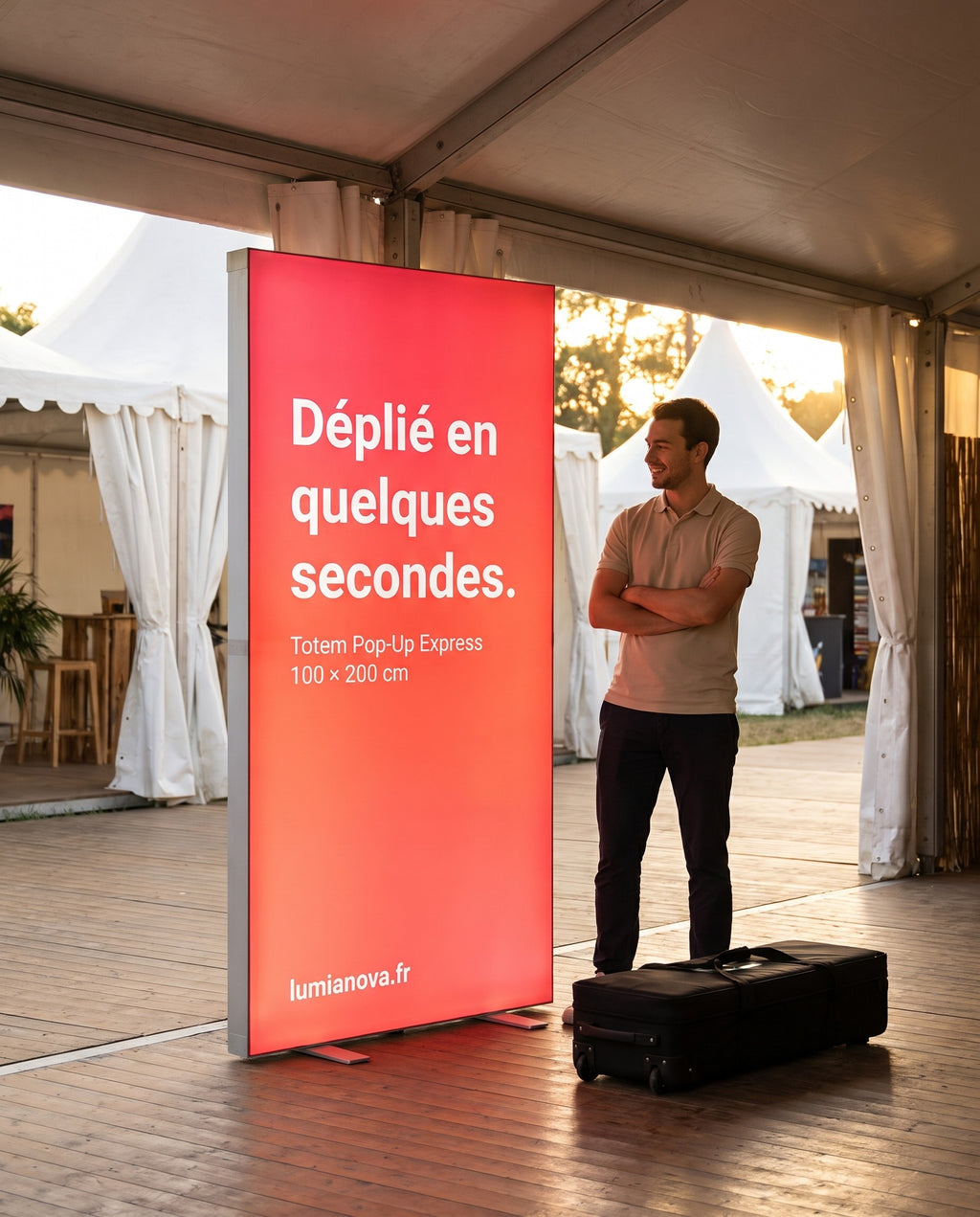 Totem lumineux Pop-Up Express déplié à l'entrée d'un événement, avec sa valise de transport, image générée par IA