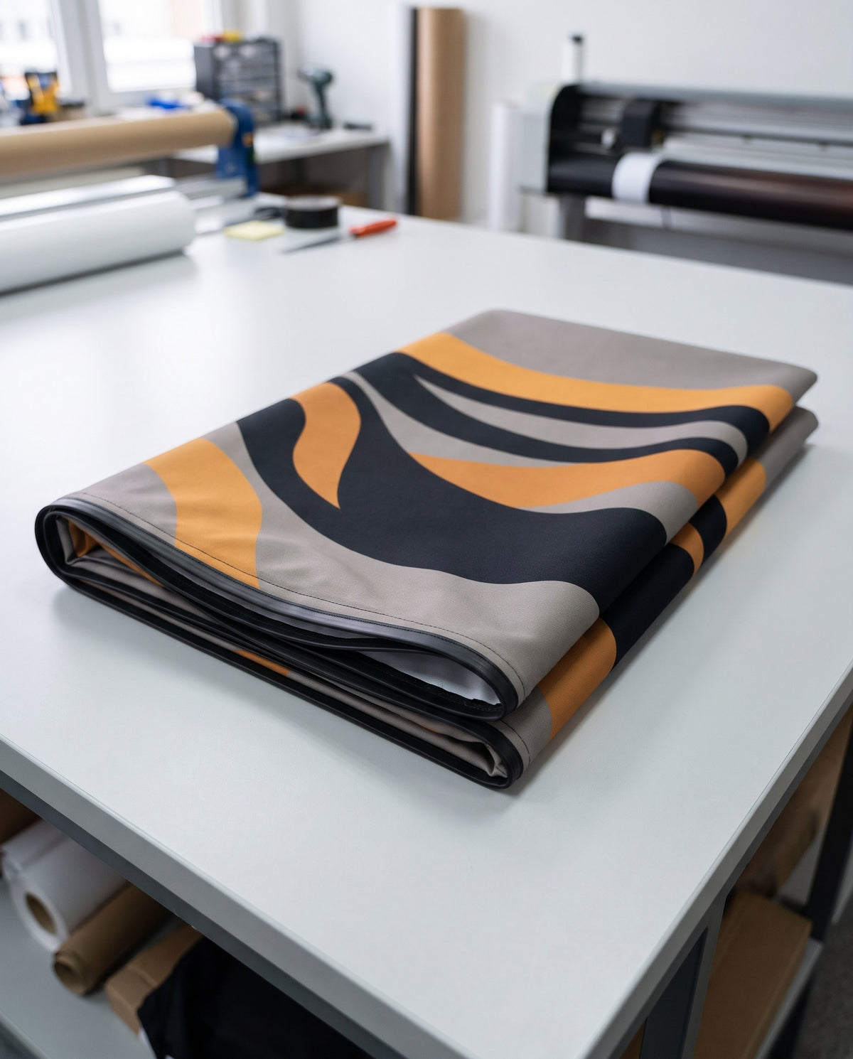 Toile textile imprimée avec jonc silicone, pliée sur un établi d'atelier, image générée par IA